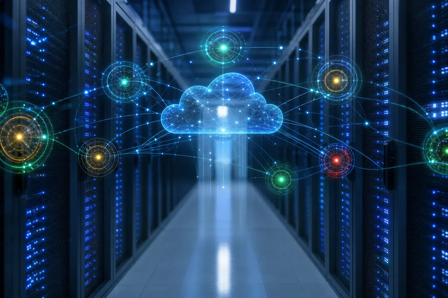 Serverraumansicht mit Schadencloud-Schema und farbigen Integritätsindikatoren für Datenaustausch, 1600x900 px