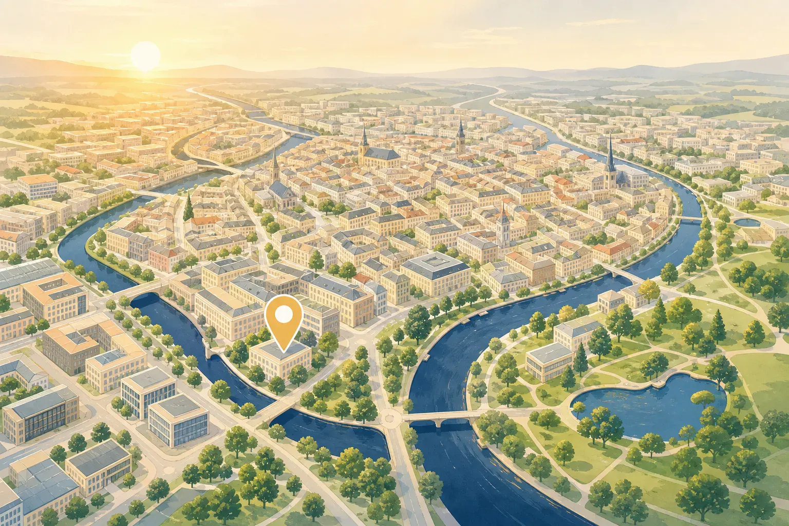 Stilistische Luftliniensilhouette der Bielefelder Stadtteile mit dokumentiertem Wegmarker zum Bürokonzept ohne genaue Kartenlegende, 1200x800 px