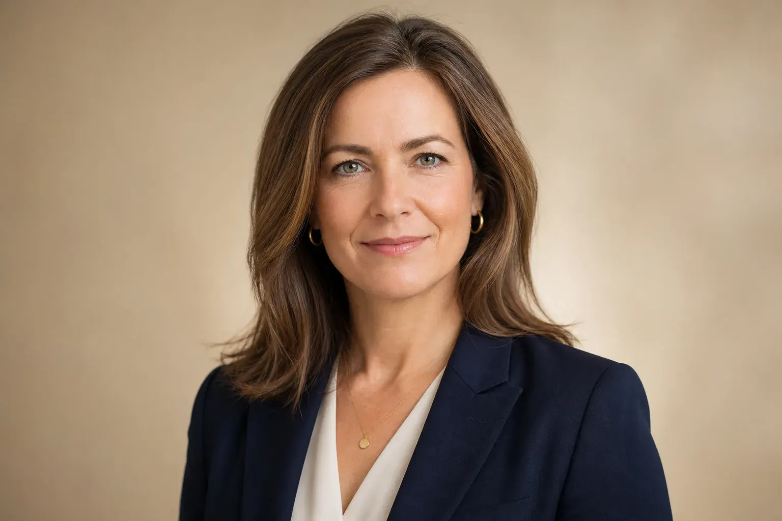 Porträt der Expertin Claudia Brenner in Businesskleidung mit Aktenunterlage vor neutralem Hintergrund, 400x400 px