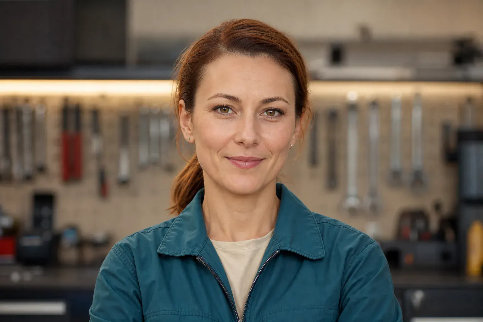 Porträt Petra Scholz vor Werkzeugwand mit Inspektionsschein eines modernen Kraftfahrzeugs, 400x400 px
